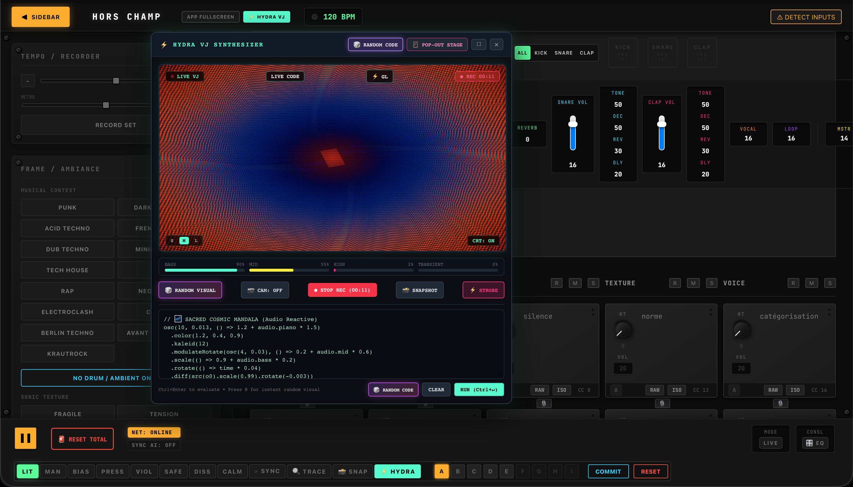 Hors Champ — instrument musical augmenté par l’IA — interface du synthétiseur VJ Hydra
